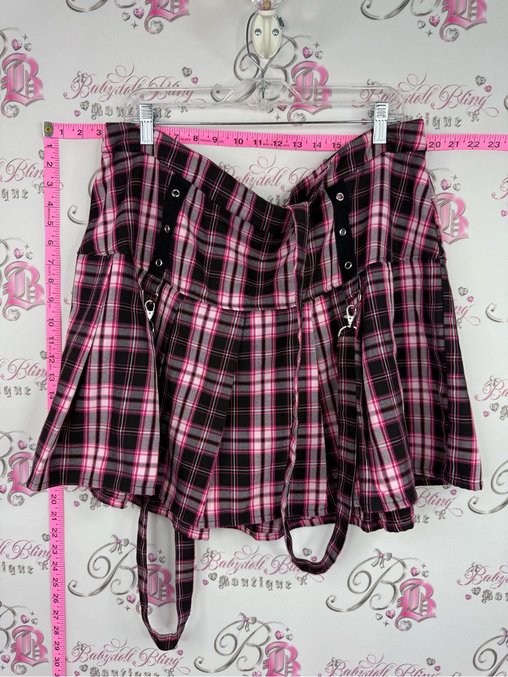 Skirt Plaid Pleated Mini Skirt with Suspender Straps - Pink/Black
